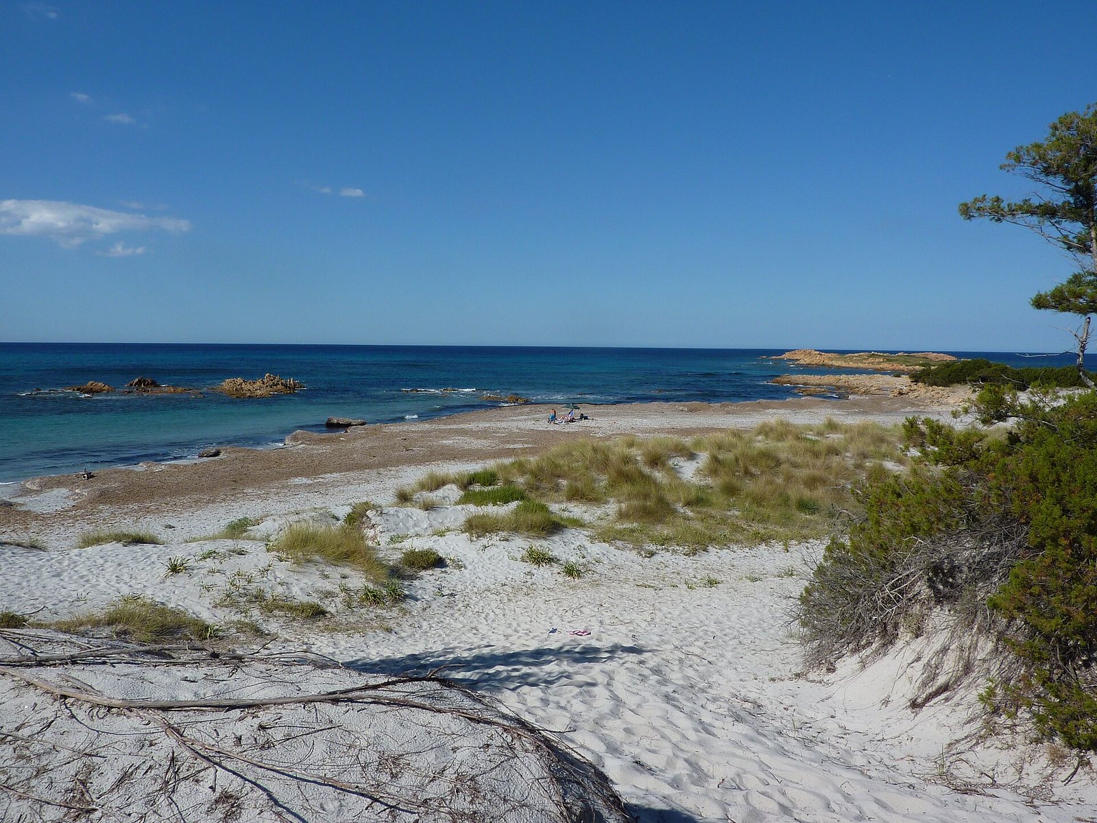La spiaggia di Capo Comino deserta, con la macchia e gli scogli sullo sfondo